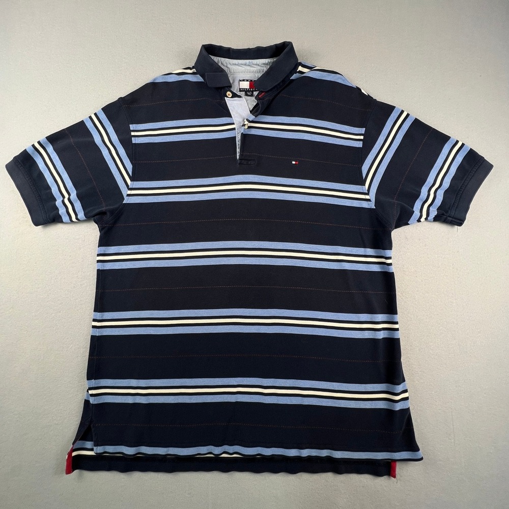 Tommy Hilfiger Polo Shirt Mens XL Blue Striped Distressed Preppy 90s Style VTG